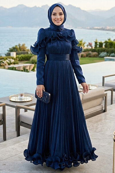 N.S NEVA STYLE Ruffle Detailed Dark Navy Blue Hijab Evening Dress 56612Kl