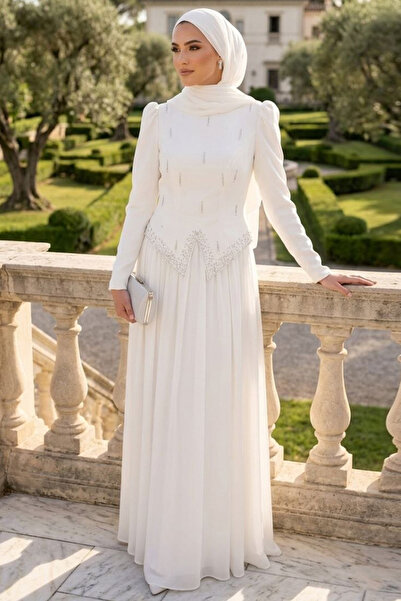 N.S NEVA STYLE Adriana Ecru Stone Detailed Hijab Evening Dress 21592E