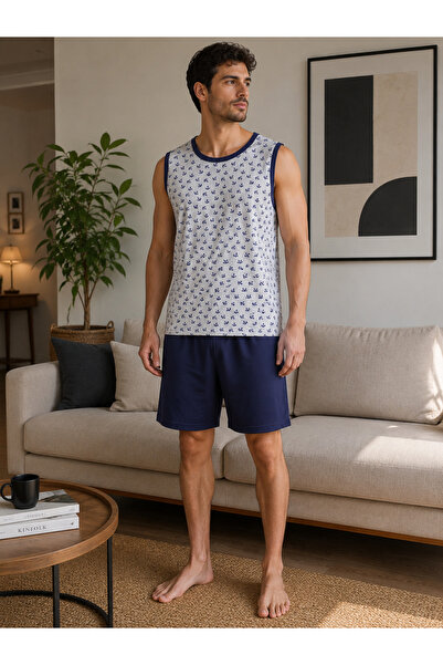 BALİS PİJAMA Erkek Sıfır Kollu Desenli Şortlu Alt Üst Pijama Takımı Homewear ...