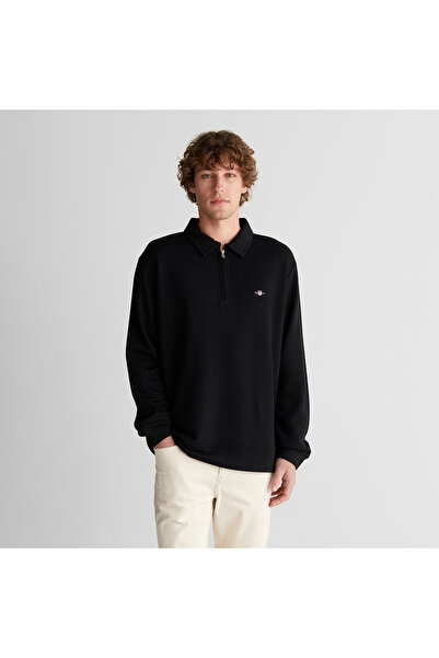 Gant Erkek Siyah Relaxed Fit Yarım Fermuarlı Logolu Sweatshirt