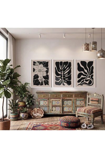 KOLAJTASARIM Set de 3 tablouri cu rame albe cu forme de plante organice monoc...
