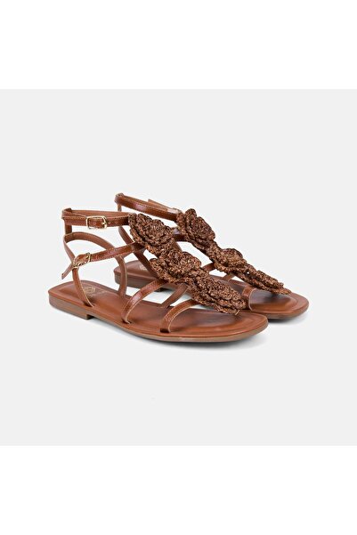 Desa Women's Brown Double Buckle Straw Rose Detailed Leather Sandals