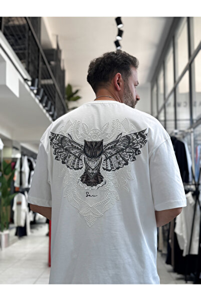 BYBASICMAN Λευκό T-Shirt Oversize με στάμπα κουκουβάγιας ολογράμματος SW-5160