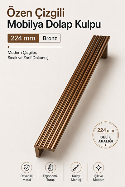 Badem10 Özen Çizgili Bronz Metal (224 mm - 22.4 cm) Çekmece Kulbu Mobilya Dol...