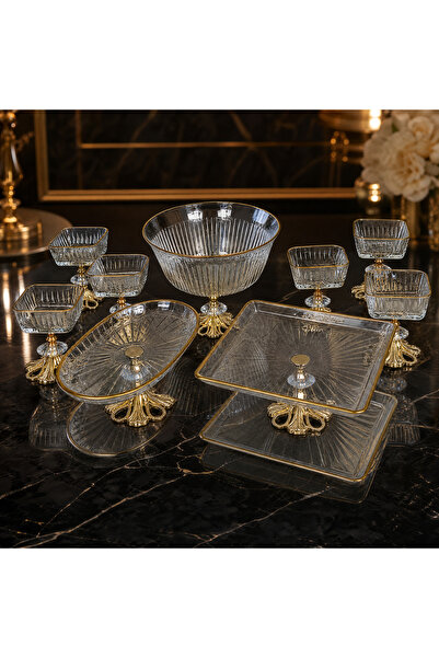 Elta Collection Premium 9 Parça Gold Detaylı Metal Ayaklı Sunum ve Servis Set...