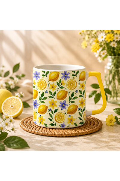 Gülce Limon Desenli Seramik Kupa 360° Tam Baskı | Çiçekli Estetik Hediye Bardak