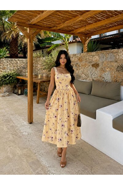 qeteen Women's Yellow Floral Patterned Strappy Midi Dress – Square Neck Fitte...