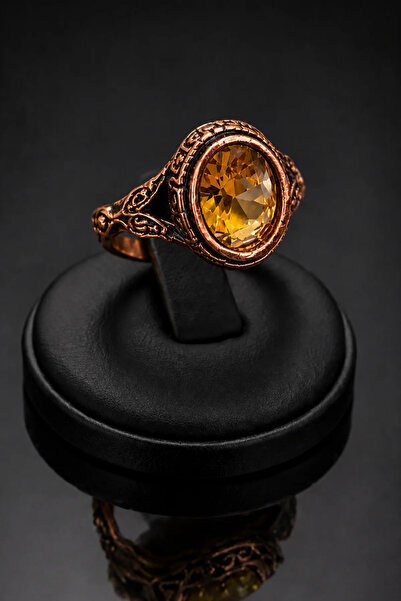 OSMANLI GÜMÜŞ Women's Copper Ring with Yellow Topaz Natural Stone Oval Model ...