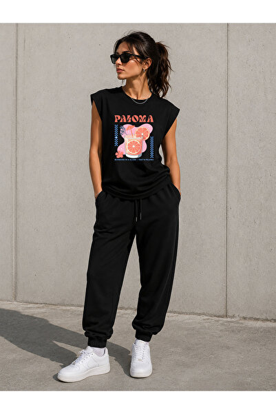 herkesemoda Paloma Print Detailed Zero Sleeve Crew Neck T-Shirt