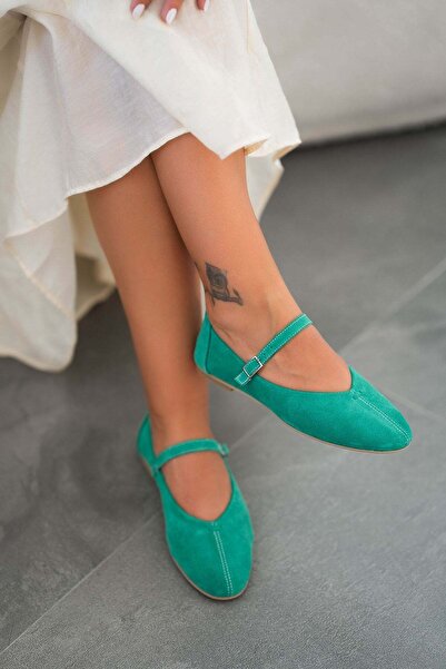 Parponi Will belted round toe genuine suede leather ballet flats - grass green