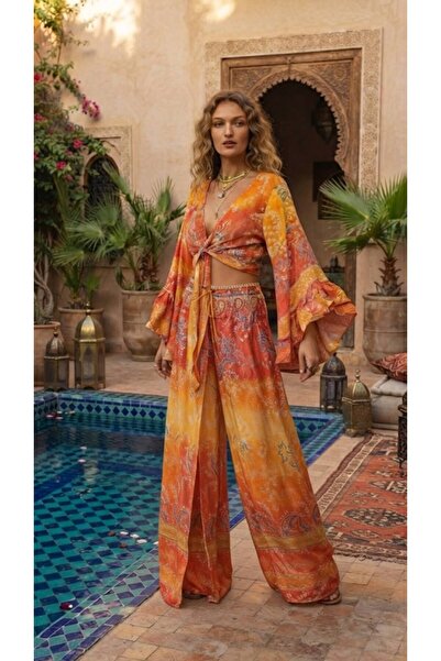 moda gk Gold Parlak Desenli Bohem Pantolon Bluz ithal İpek Takım