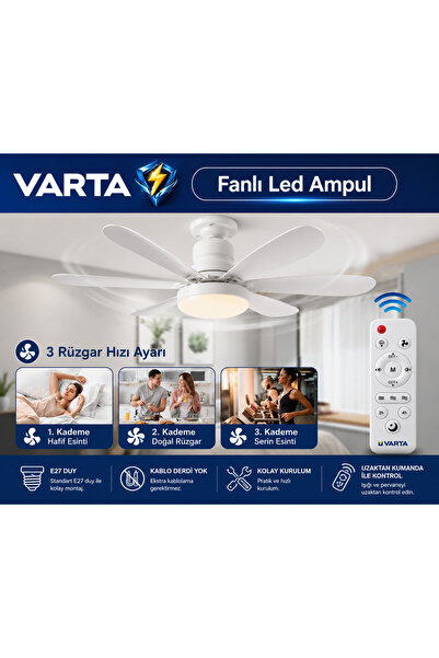 Varta Pervane ampul vantilatör sessiz çalışma 6 fan kanat ve ışıklı uzaktan k...