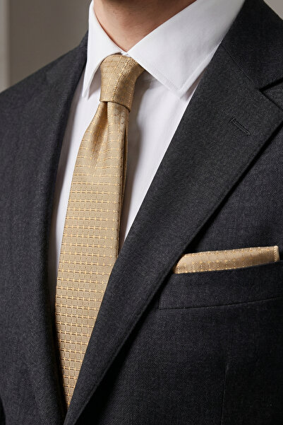 Milleniva Micro Square Patterned Gold Tie & Handkerchief