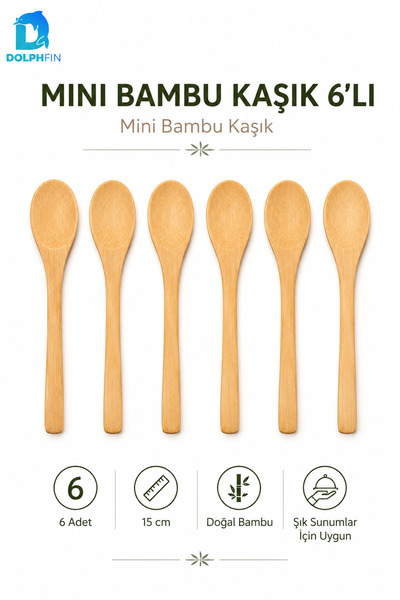 DolphFin Mini Bamboo Spoon Set of 6 15 cm Natural Bamboo Dessert Jam Honey Sp...