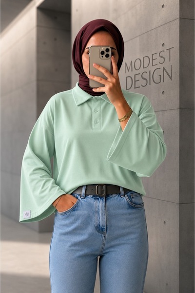onlymoon Polo Yaka Geniş Kol Penye Body Kadın Tesettür Bluz Oversize Uzun Kol...