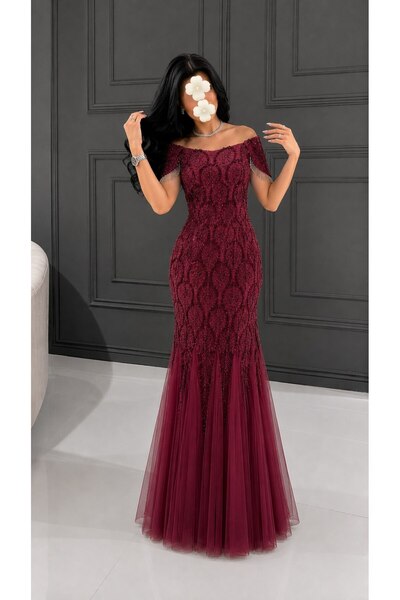 Jood Women's Evening Dress Embroidered with Dropped Shoulders and Tulle Skirt