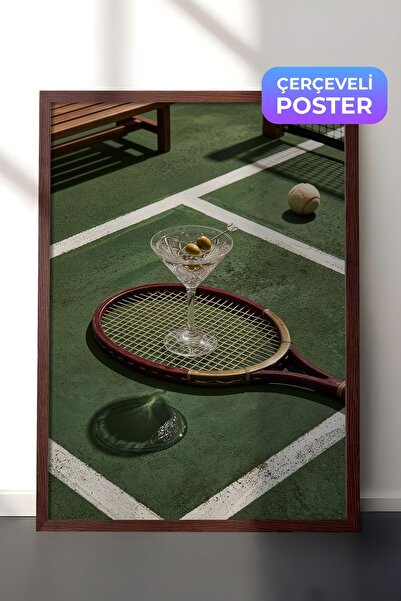 Postifull Tennis Racket and Cocktail Poster, Brown Framed Poster, Old Money S...