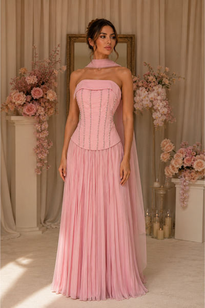 LUAN FASHION Luxury Pink Color Rhinestone Beaded Corset Evening Dress
