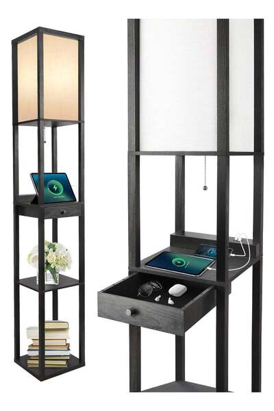 OUTON مصباح أرضي مع درج ومنفذ USB وType C، عمود LED، 3 درجات حرارة لونية، مصب...