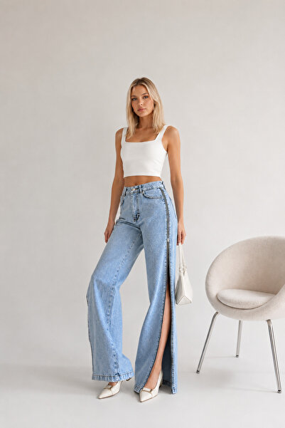 SHEVEGA Ice Blue High Waist Side Zipper Detailed Wide Leg Palazzo Jean Denim ...