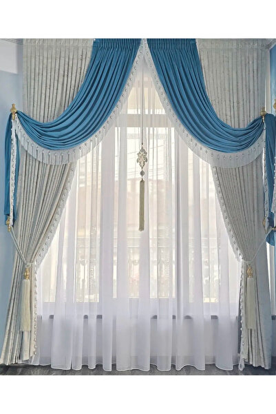 LOUIS DESIGN YSK Set Draperie Catifea Albastru Deschis cu Crem Anaconda Inser...