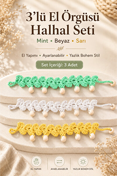 3’lü El Örgüsü Halhal Seti Mint Beyaz Sarı Boncuklu Bohem Yazlık Ayak Bilekliği