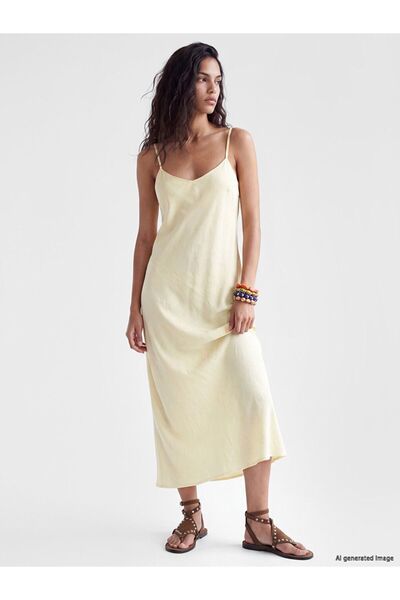 LC Waikiki Xside Yellow V-Neck Satin Dress with Rope Straps