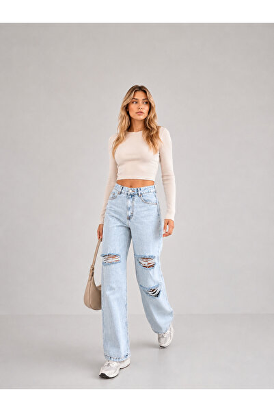 SHEVEGA Ice Blue High Waist Knee Ripped Detailed Wide Leg Palazzo Jean Denim ...