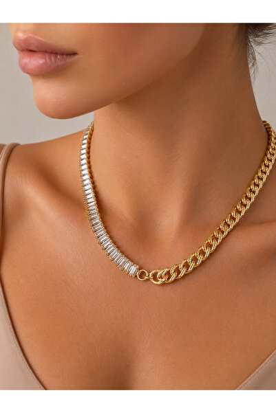 Valmont Gold Color Baguette Stone Detailed Chain Model Women's Necklace Styli...
