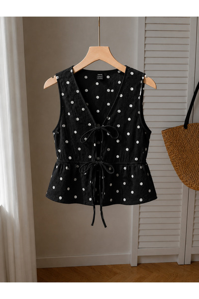 WEEST MODA Black Polka Dot Vest with Two Front Ties Crop Blouse