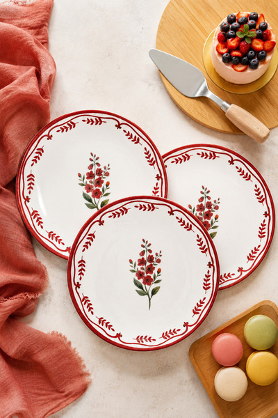 grandora Red Floral Patterned Cake Plate Set (6 Pieces, 20 cm) Dessert Plate ...