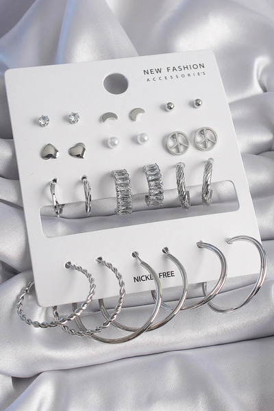Marsilyan Brass Silver Color Zircon Stone 12 Pairs Women Earrings Set Elk-Bjtieg