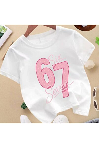 1001 Line Short-Sleeved Pink T-Shirt Girls Featuring The Number 67 And a Curs...