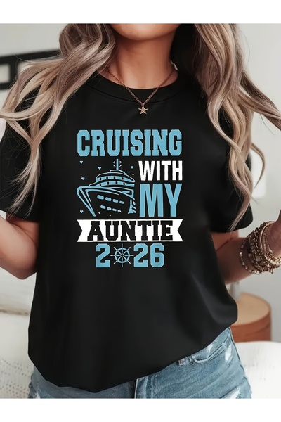 BASEPULSE تي شيرت نسائي مطبوع برقبة دائرية وأكمام قصيرة بتصميم CRUISING WITH ...
