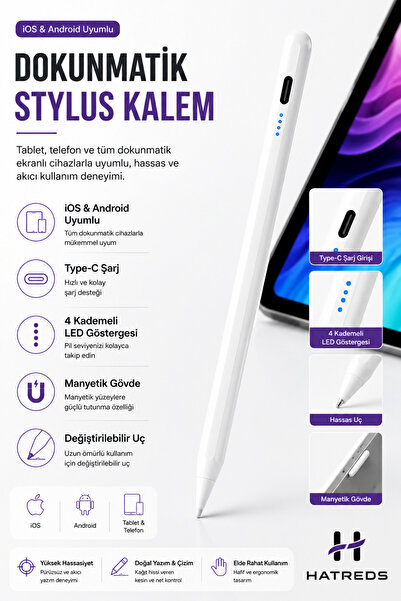 Hatreds Universal Dokunmatik Stylus Kalem iOS Android Windows Uyumlu Type-C Ş...