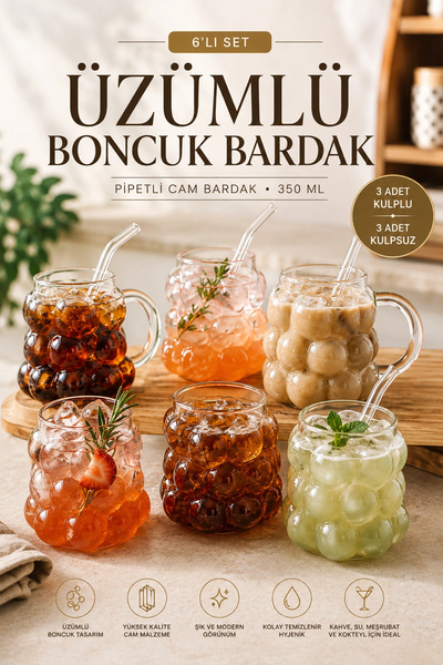 Tilbe Home 6lı Üzümlü Boncuk Cam Bardak 350ml Pipetli Saplı, Sapsız Su Meşrub...
