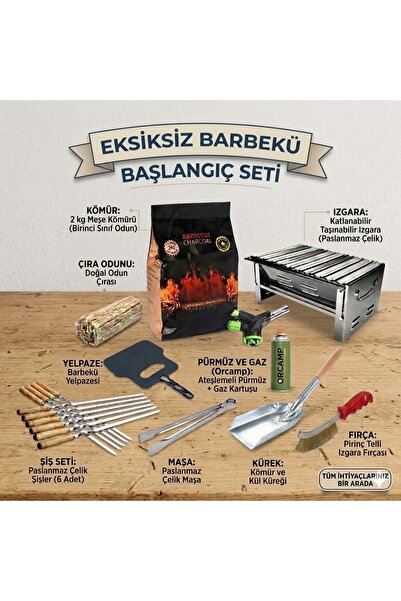 ERENHANÇERLİGLOBAL Mangal Seti 10 Parça - Katlanır Paslanmaz Mangal, Meşe Köm...