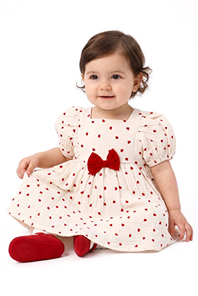 bebegen Baby Girl Ecru Red Heart Patterned Muslin Dress with Bow
