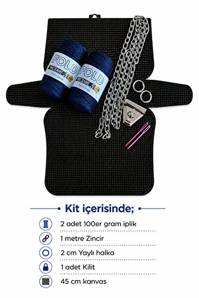 BD fold yarn Kanvas Çanta Simli Lacivert No.3 45x21cm Kanvas - Polyester Makr...