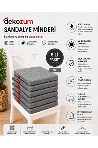DEKOZUM COMFORT PLUS Sandalye Koltuk Minderi 40x40 Bağcıklı Fermuarlı Yıkanab...