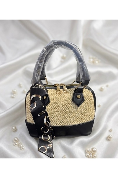 AVIVA Scarf Detailed Straw & Leather Combination Women's Shoulder Bag