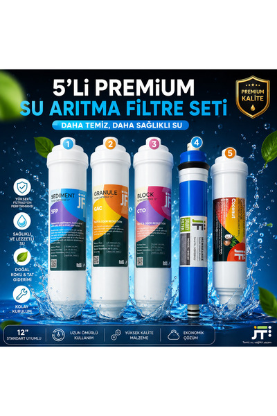 Sorgente 5'li Premium Su Arıtma Filtre Seti 75 GPD Membranlı 12'' Inline Tüm Cihazlarla Uyumlu