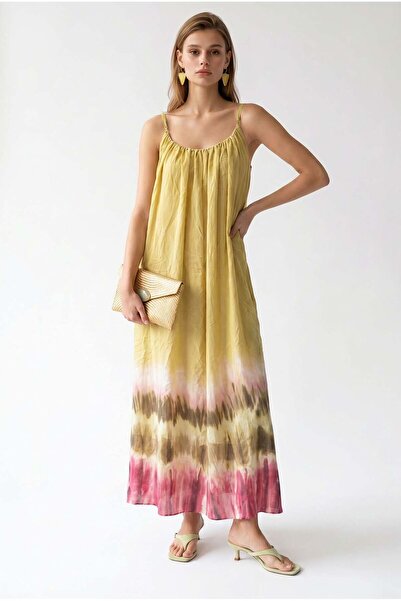 Mixray 2136 Women's Lined Color Gradient Adjustable Strap Dress Yellow