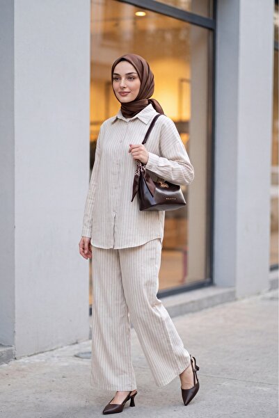 Modamorfo Line Patterned Buttoned Trousers Linen Suit - Stone Color