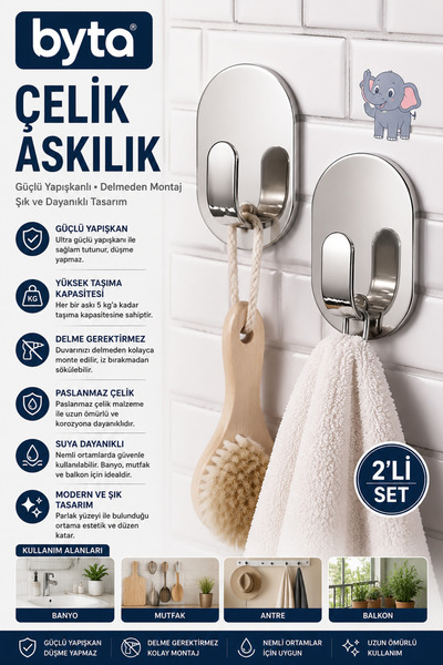 BYTA Paslanmaz Çelik Yapışkanlı Askılık 2'li Set – Delmeden Montaj Duvar Askı...