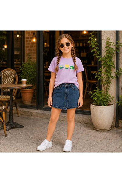 CoolCix Denim Shorts Skirt and Floral Print T-Shirt 2-Piece Set