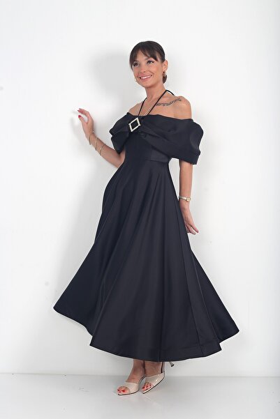 By Saygı Women's Strapless Satin Midi Dress with Bow Detail on the Chest and ...