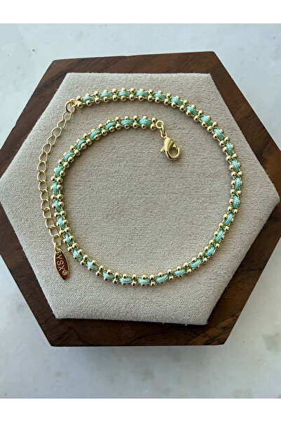 My Joyas Design 14K Altın Kaplama Su Yeşili İp Geçişli Halhal