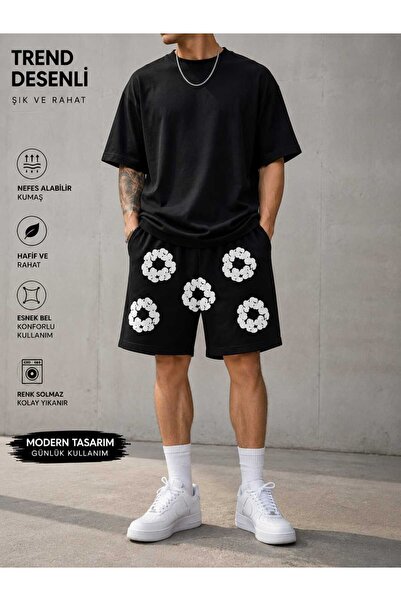 LOTS MODA Unisex Oversize 6 Çiçek Desenli Şort