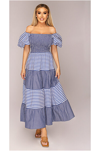 OEM Rochie dama, cu dungi, talie elastic, casual, comoda, albastra, One Size